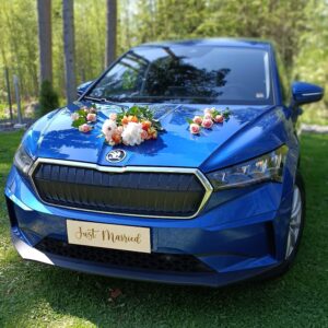 Hääauton rekisterikylttillä “Just Married” koristeleet hääautoon.