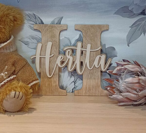 Nimikyltti lapsen nimellä isolla etukirjaimella